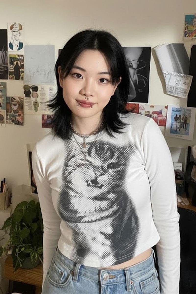 Beyaz Baby Cat Gotik Y2K Uzun Kollu Crop