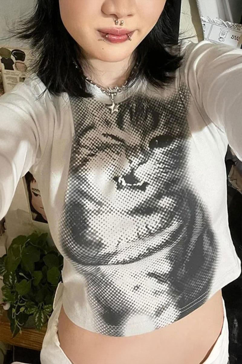 Beyaz Baby Cat Gotik Y2K Uzun Kollu Crop