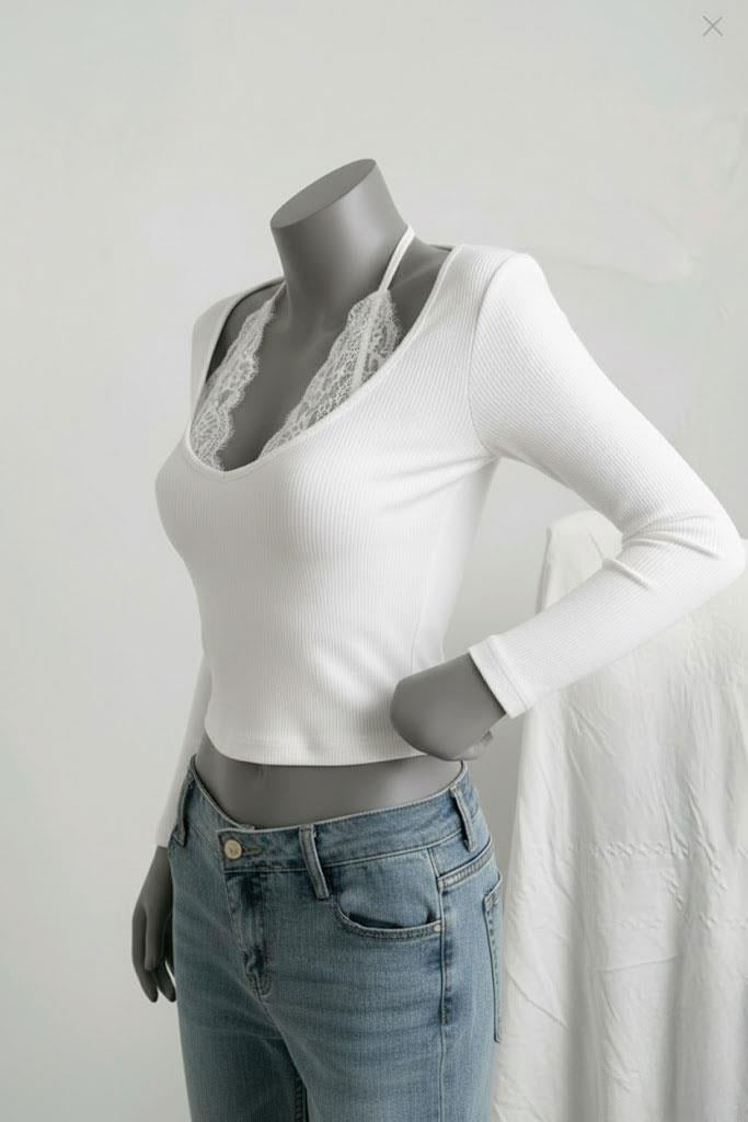 Beyaz Bağlamalı Dantelli Ekli Gotik Y2K Uzun Kollu Crop