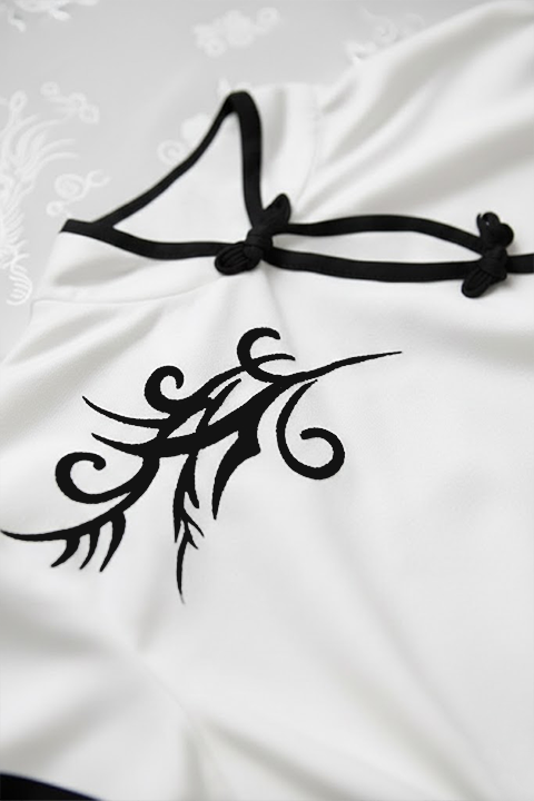 Beyaz Çin Yakalı Floral Motifli Beyaz Şeritli Vintage Y2K Kısa Kollu Crop