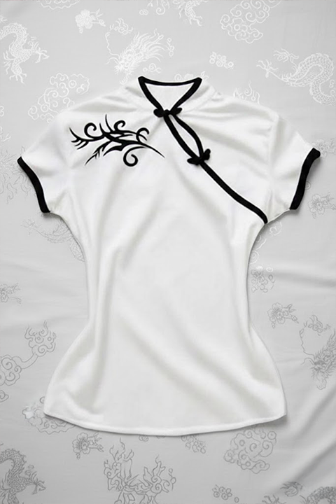 Beyaz Çin Yakalı Floral Motifli Beyaz Şeritli Vintage Y2K Kısa Kollu Crop