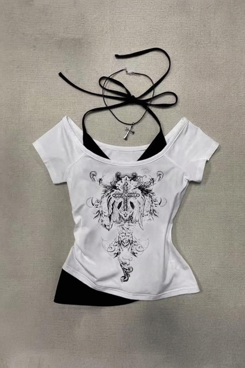 Beyaz Gotik Cross Wing Askılı Y2K Kısa Kollu Crop