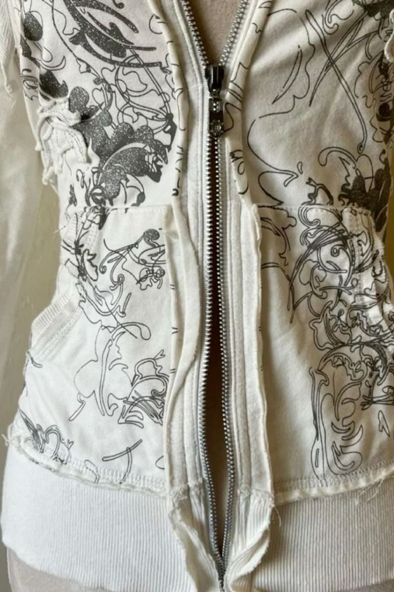 Beyaz Gotik Flower Desenli Y2K Crop Hırka