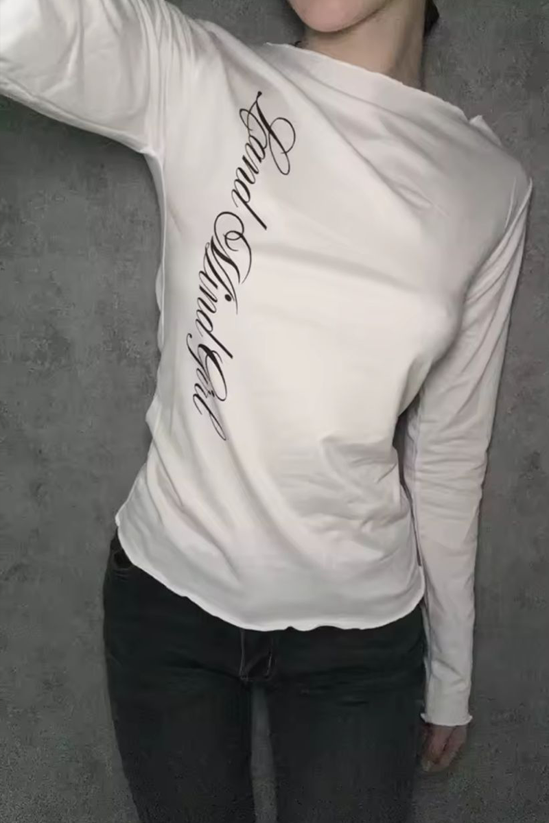 Beyaz Gotik Sırt Baskılı Wing Geniş Yaka Y2K Uzun Kollu Crop
