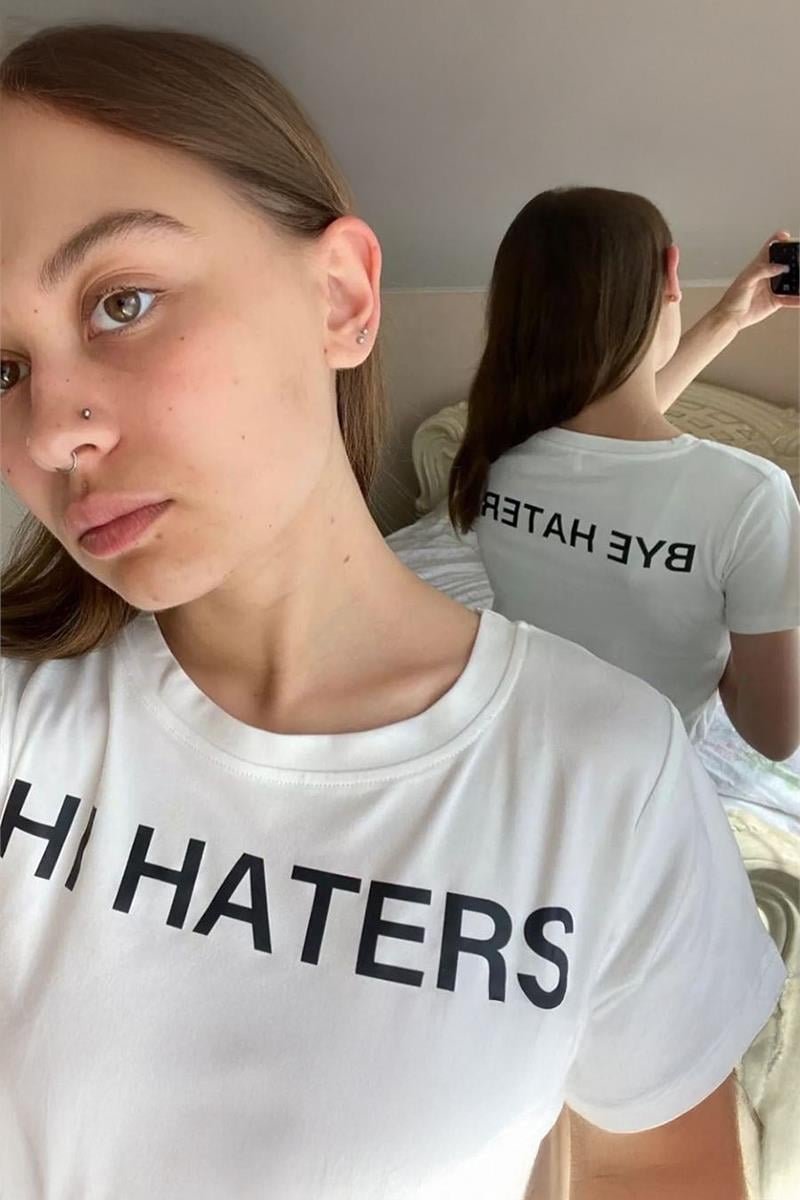Beyaz Hi & Bye Haters Kısa Kollu Crop 