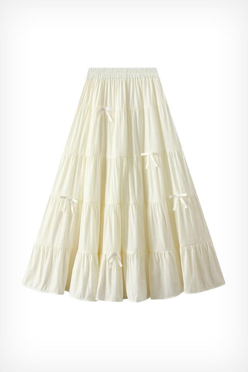 Beyaz Katlamalı Kurdeleli Uzun Etek