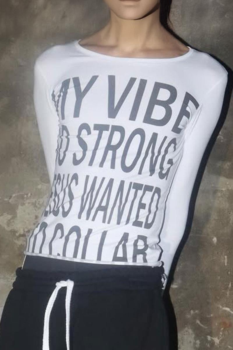 Beyaz My Vibe Cross Sırt  Baskılı Y2K Uzun Kollu Crop