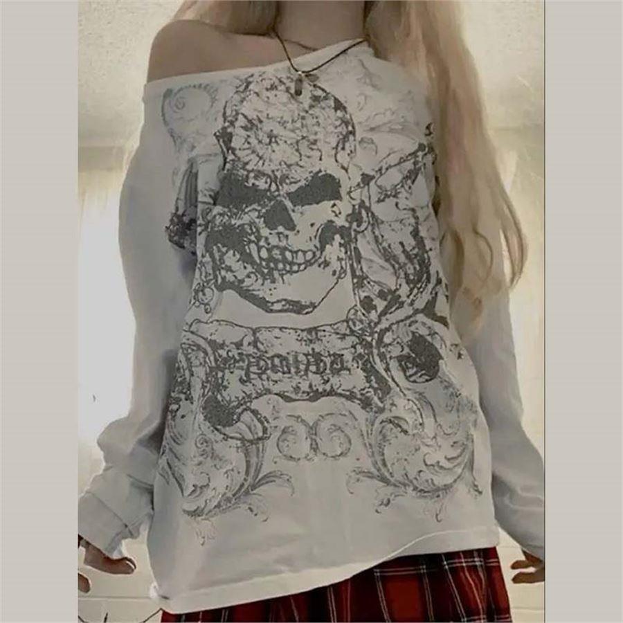 Beyaz Omuz Açık Skull Pattern Uzun Kollu Sweatshirt 