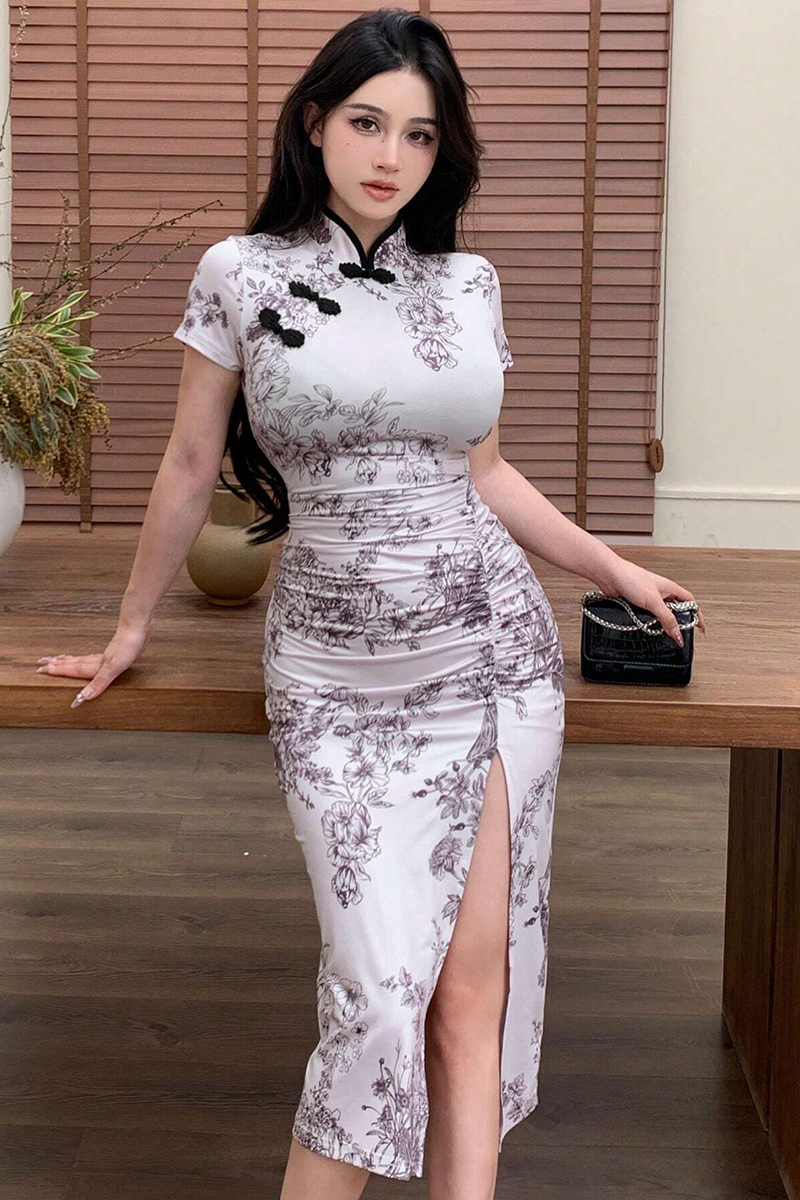 Beyaz Qipao Vintage Floral Baskılı Y2K Elbise