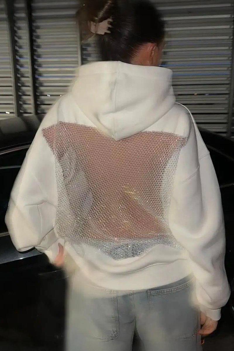 Beyaz Sırtı Fileli Taşlı Transparan Kapüşonlu Sweatshirt