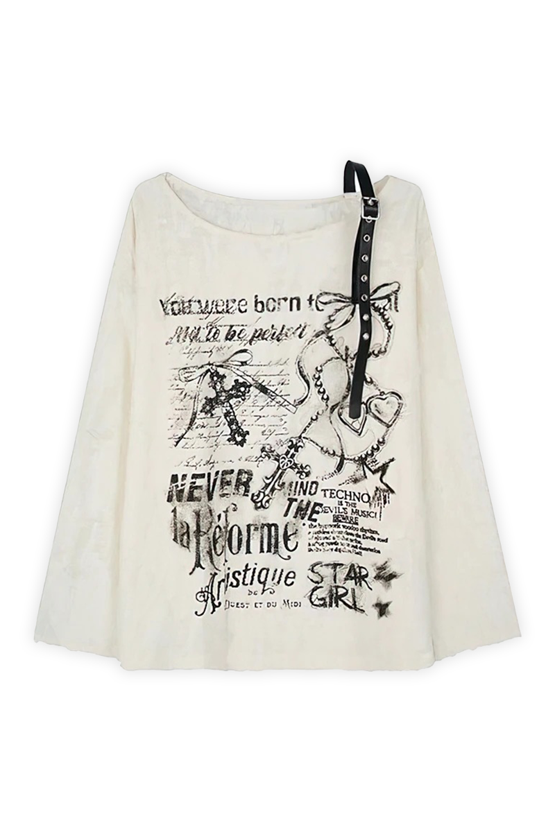 Beyaz Star Girl Kemer Askılı Y2K Uzun Kollu Crop