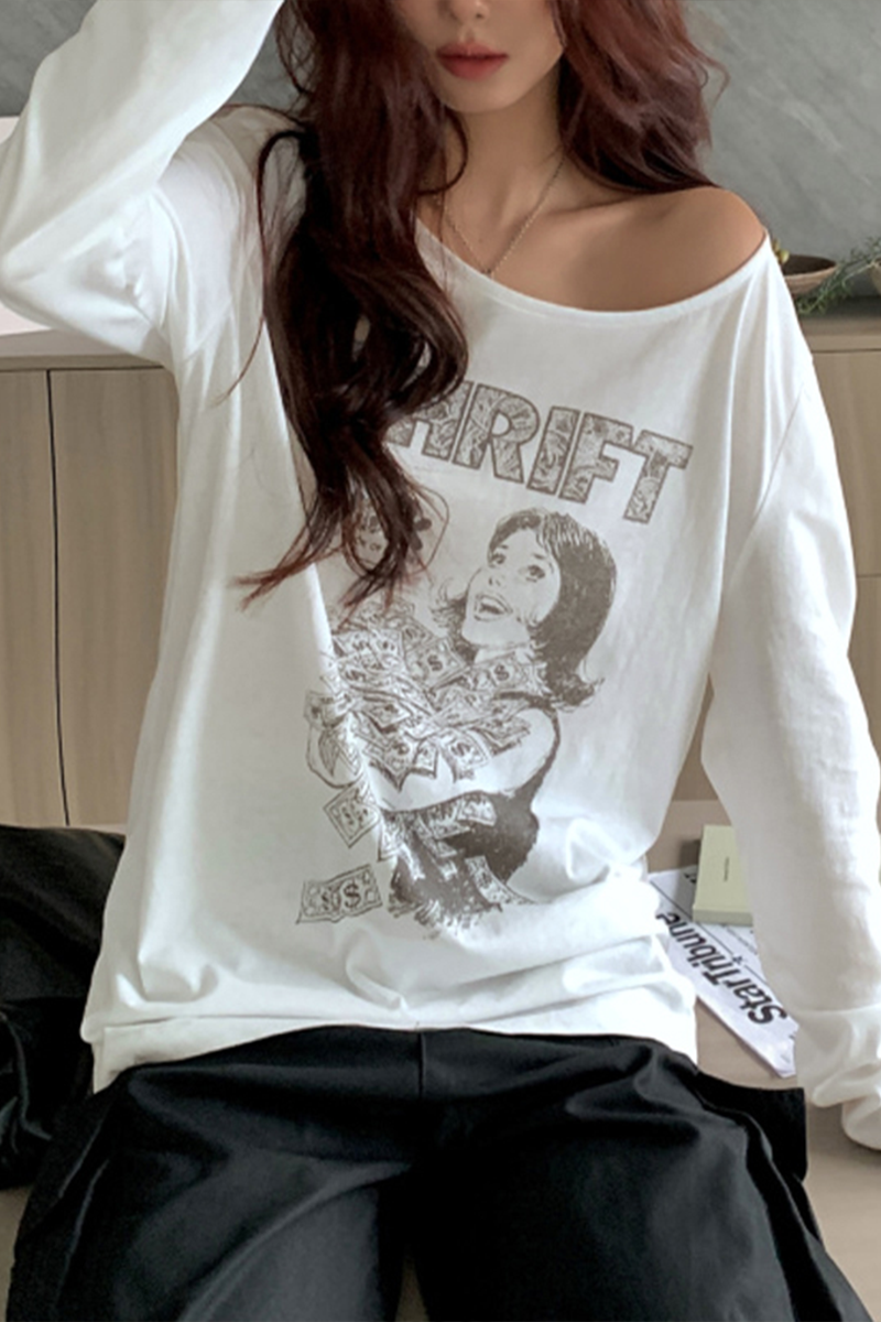 Beyaz Thrift Geniş Yaka Y2K Uzun Kollu Crop