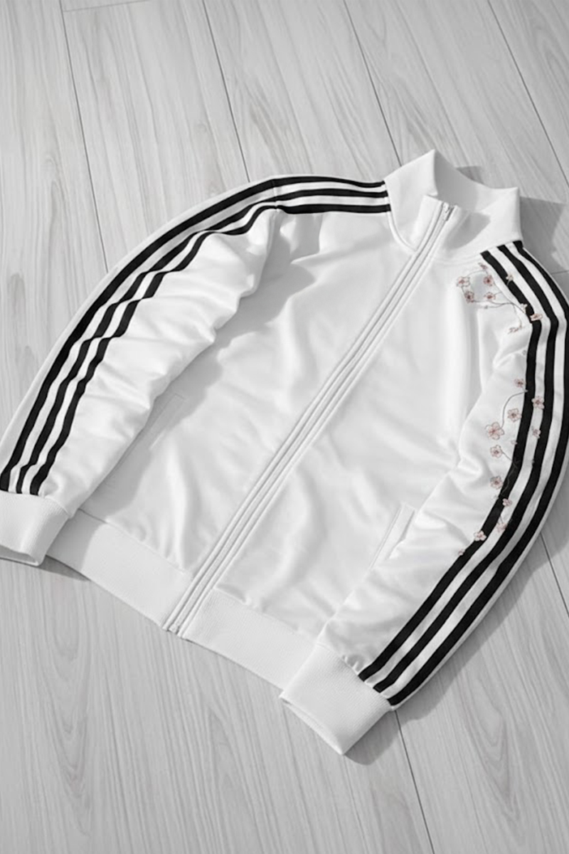 Beyaz Üç Şeritli Sakura Ağacı Y2K Unisex Hırka