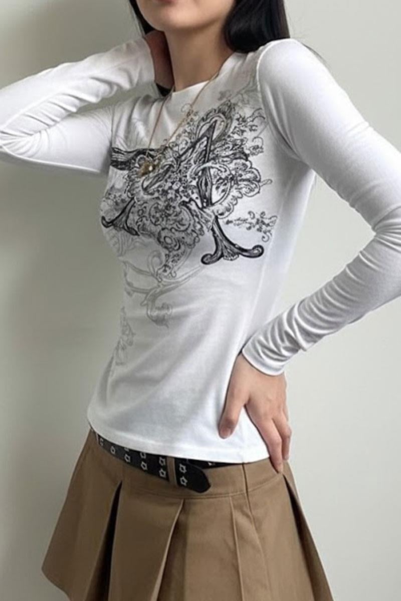 Beyaz Vintage Punk Patterned Y2K Uzun Kollu Crop