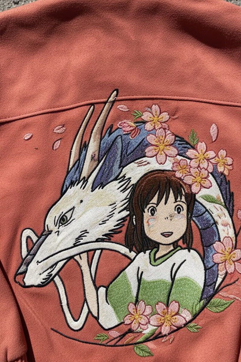 Bordo Anime Spirited Away Haku ve Chihiro Baskılı Üç Şeritli Sakura Unisex Bomber Ceket