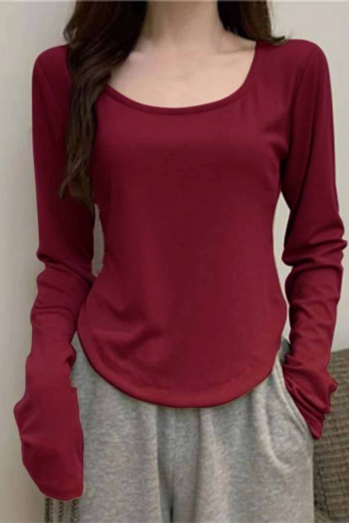 Bordo Basic Uzun Kollu Crop