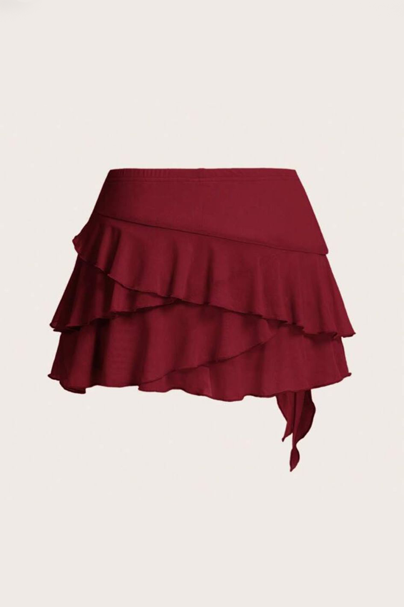 Bordo Bohem Katlı Fiyonklu Y2K Mini Etek