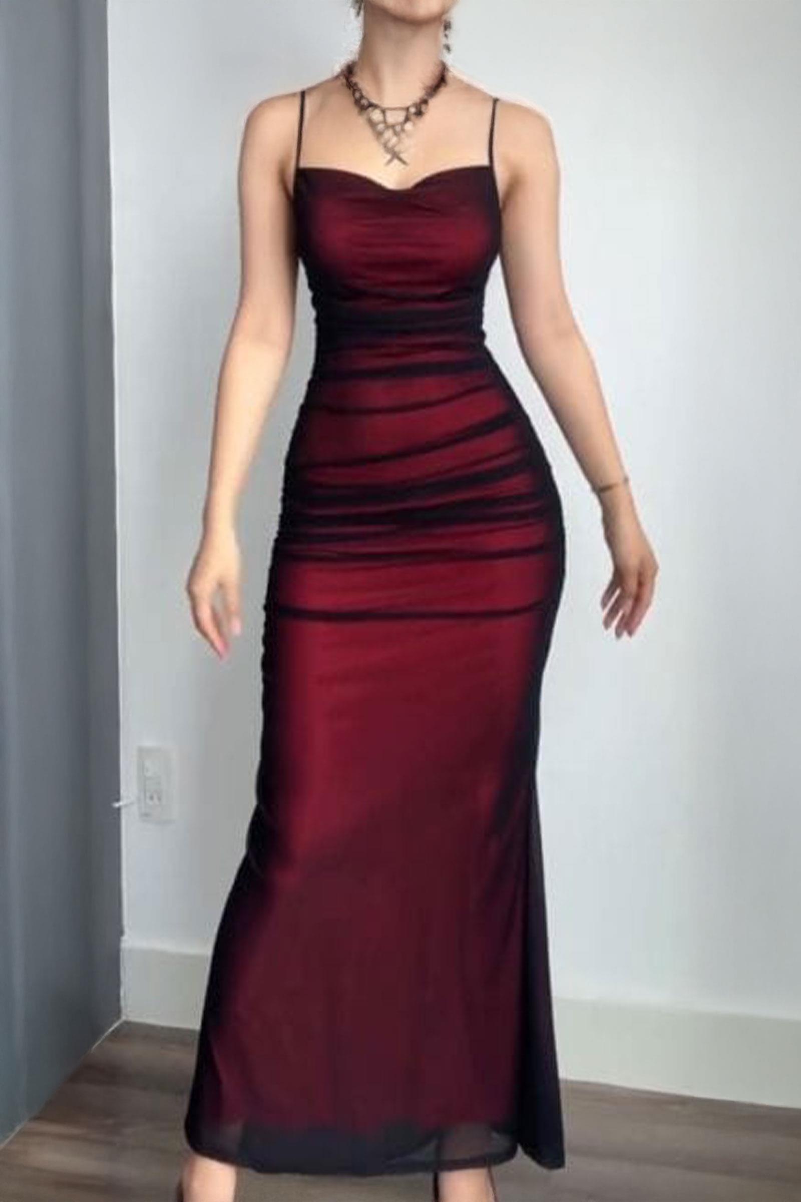 Bordo Gotik Vampirecore Tül Uzun Elbise