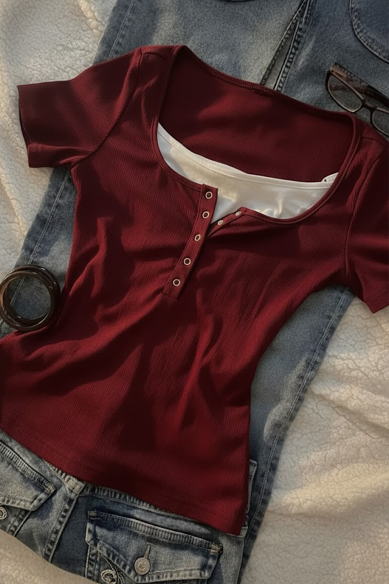 Bordo Henley Yaka Ekli Y2K Kısa Kollu Crop