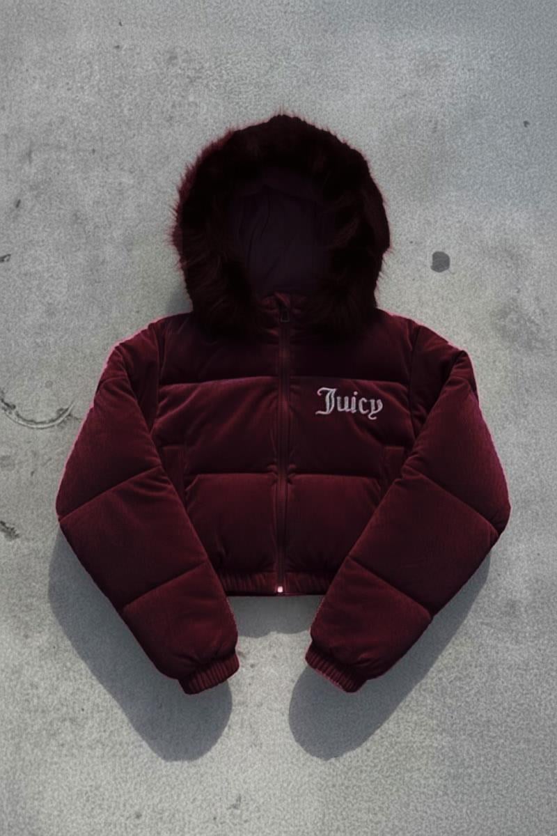 Bordo Juicy Peluş Kapüşonlu Şişme Crop Mont