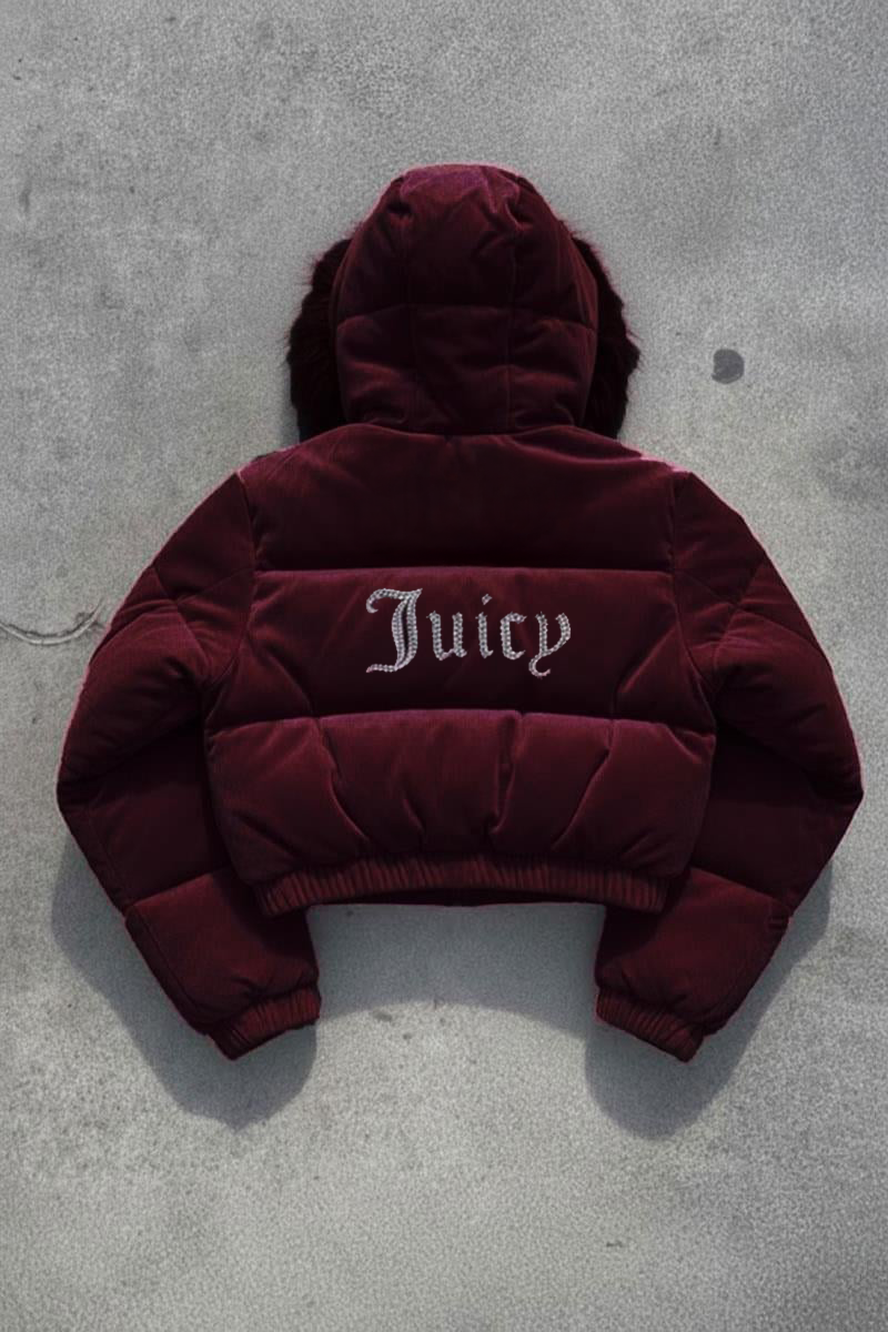Bordo Juicy Peluş Kapüşonlu Şişme Crop Mont