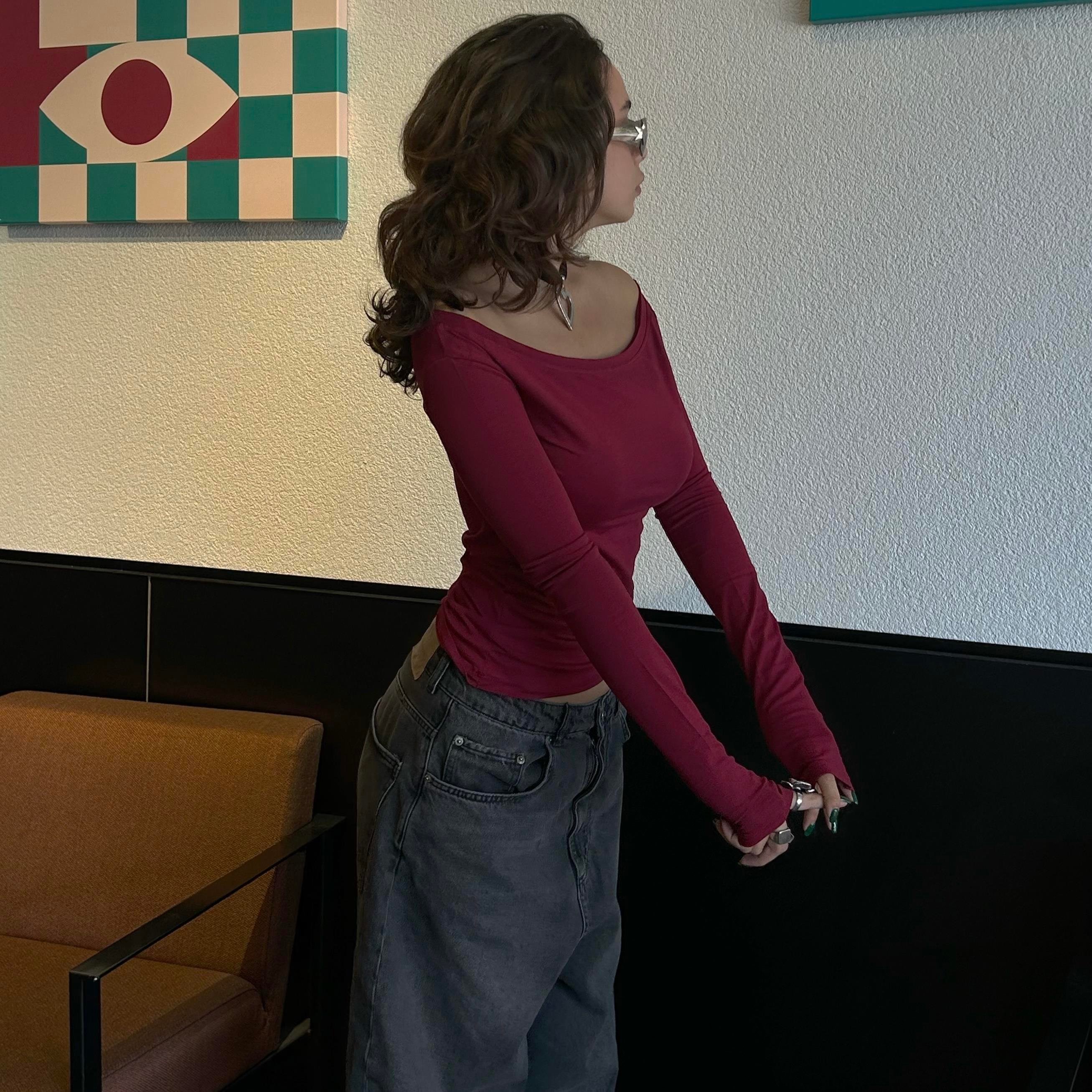 Bordo Madonna Yaka  Uzun Kollu Crop Bluz