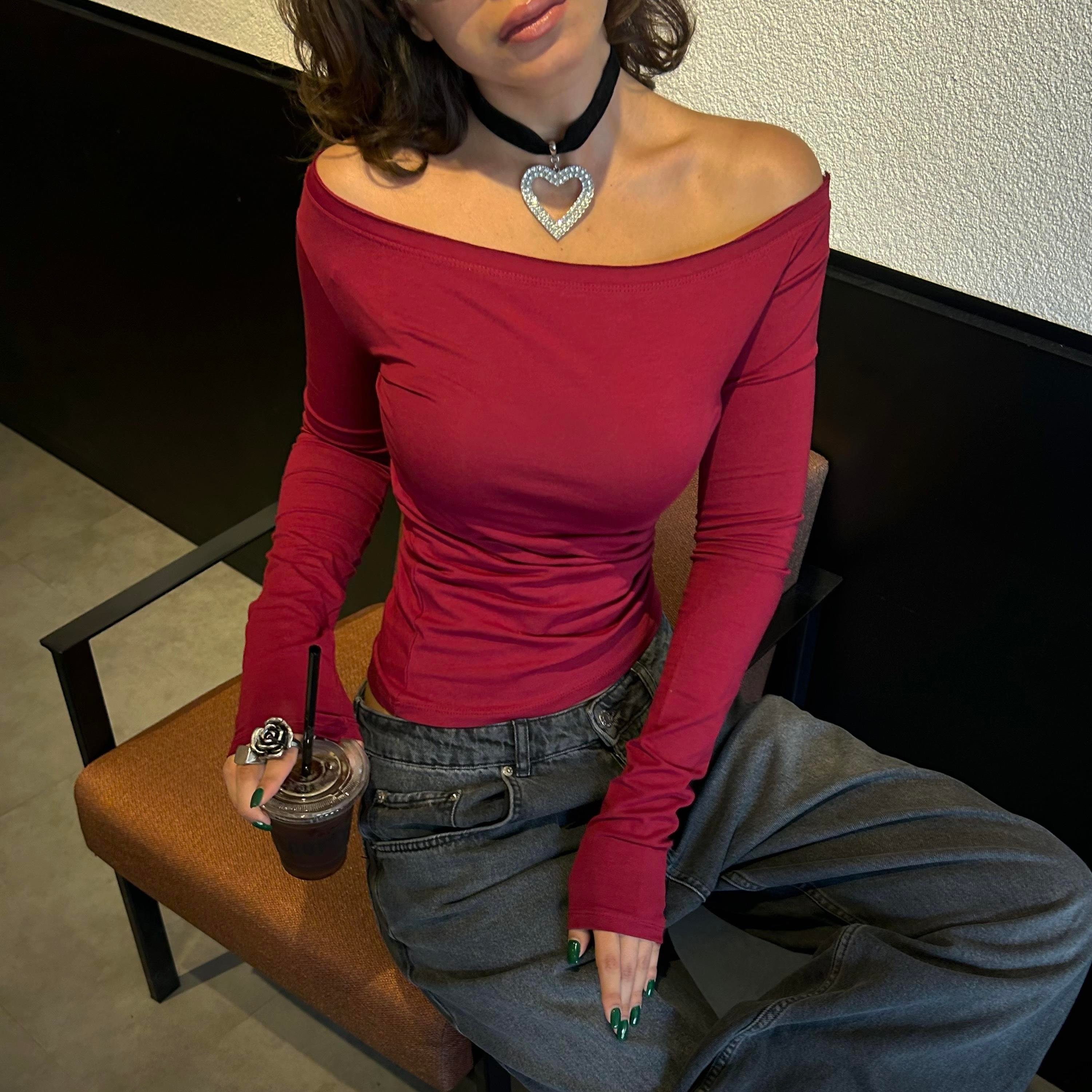 Bordo Madonna Yaka  Uzun Kollu Crop Bluz