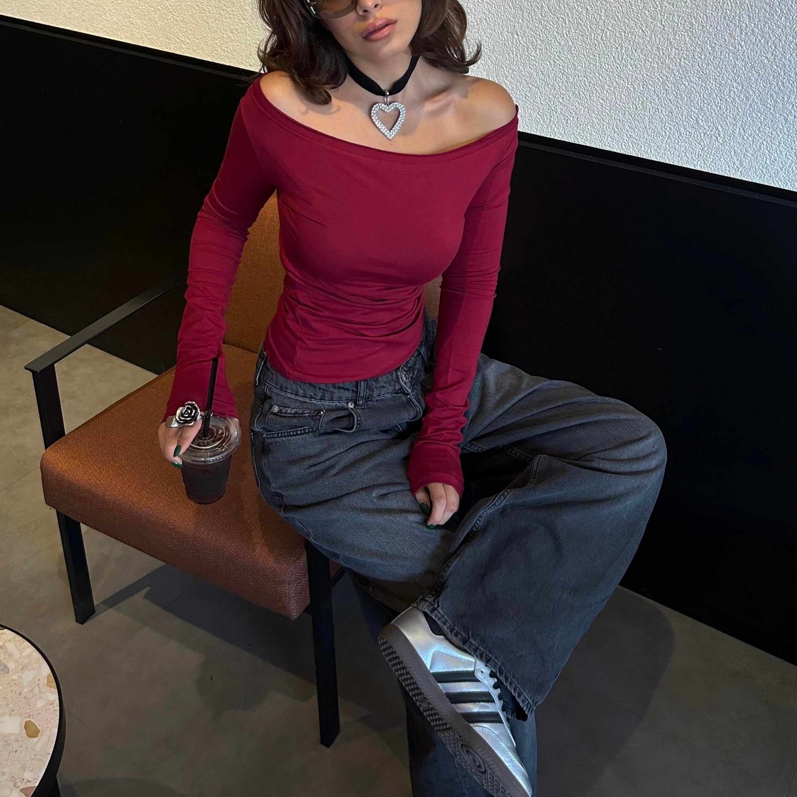 Bordo Madonna Yaka  Uzun Kollu Crop Bluz