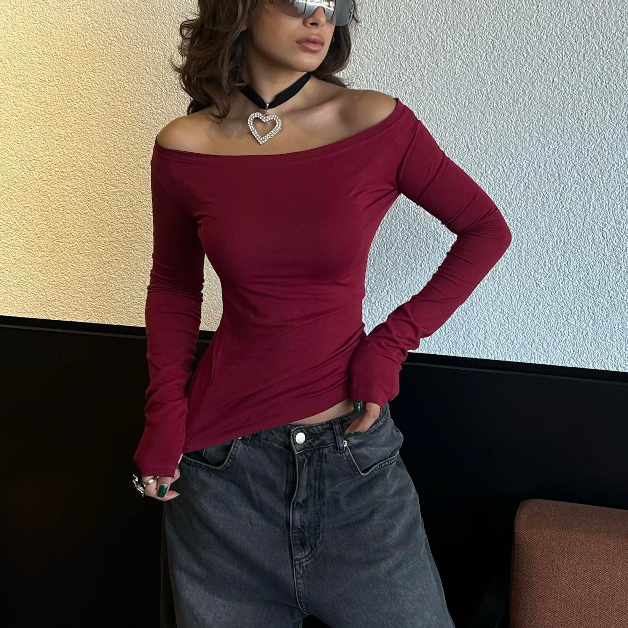 Bordo Madonna Yaka  Uzun Kollu Crop Bluz