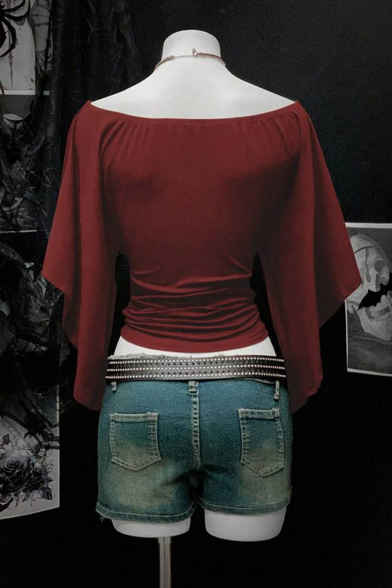 Bordo Madonna Yaka Yarasa Kol Düz Y2K Uzun Kollu Crop