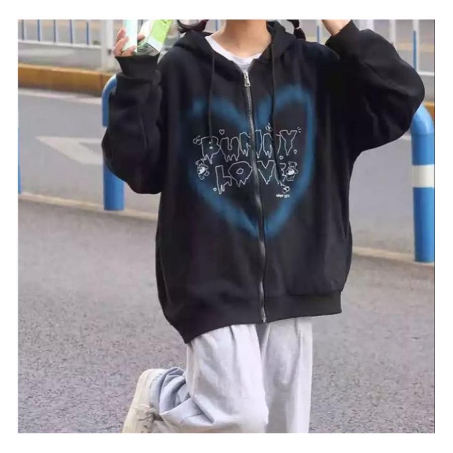 Bunny Love Blue Heart (Unisex) Fermuarlı Kapüşonlu Sweatshirt