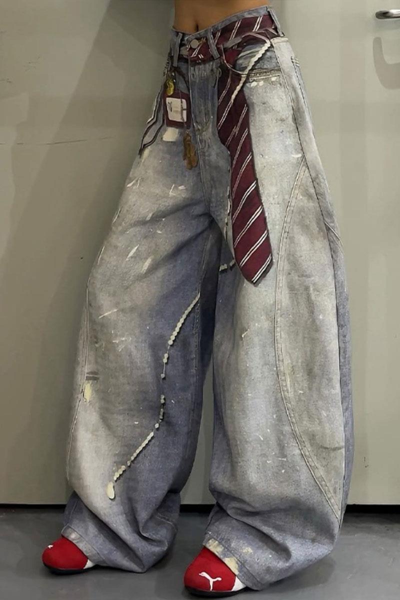 Buz Mavisi Kravat Baskılı Wide Leg Unisex Baggy Pantolon