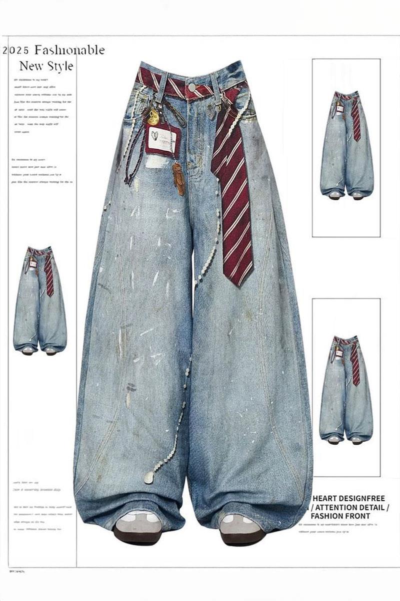 Buz Mavisi Kravat Baskılı Wide Leg Unisex Baggy Pantolon