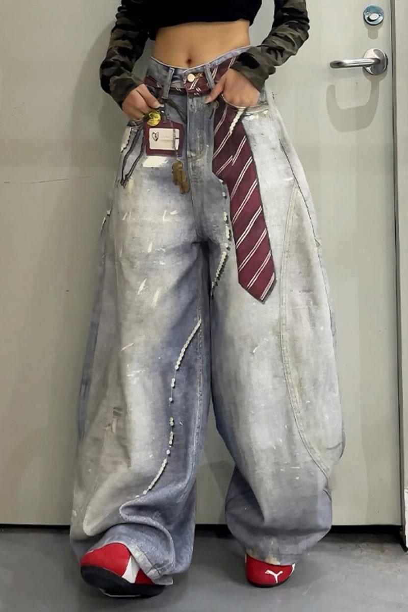 Buz Mavisi Kravat Baskılı Wide Leg Unisex Baggy Pantolon