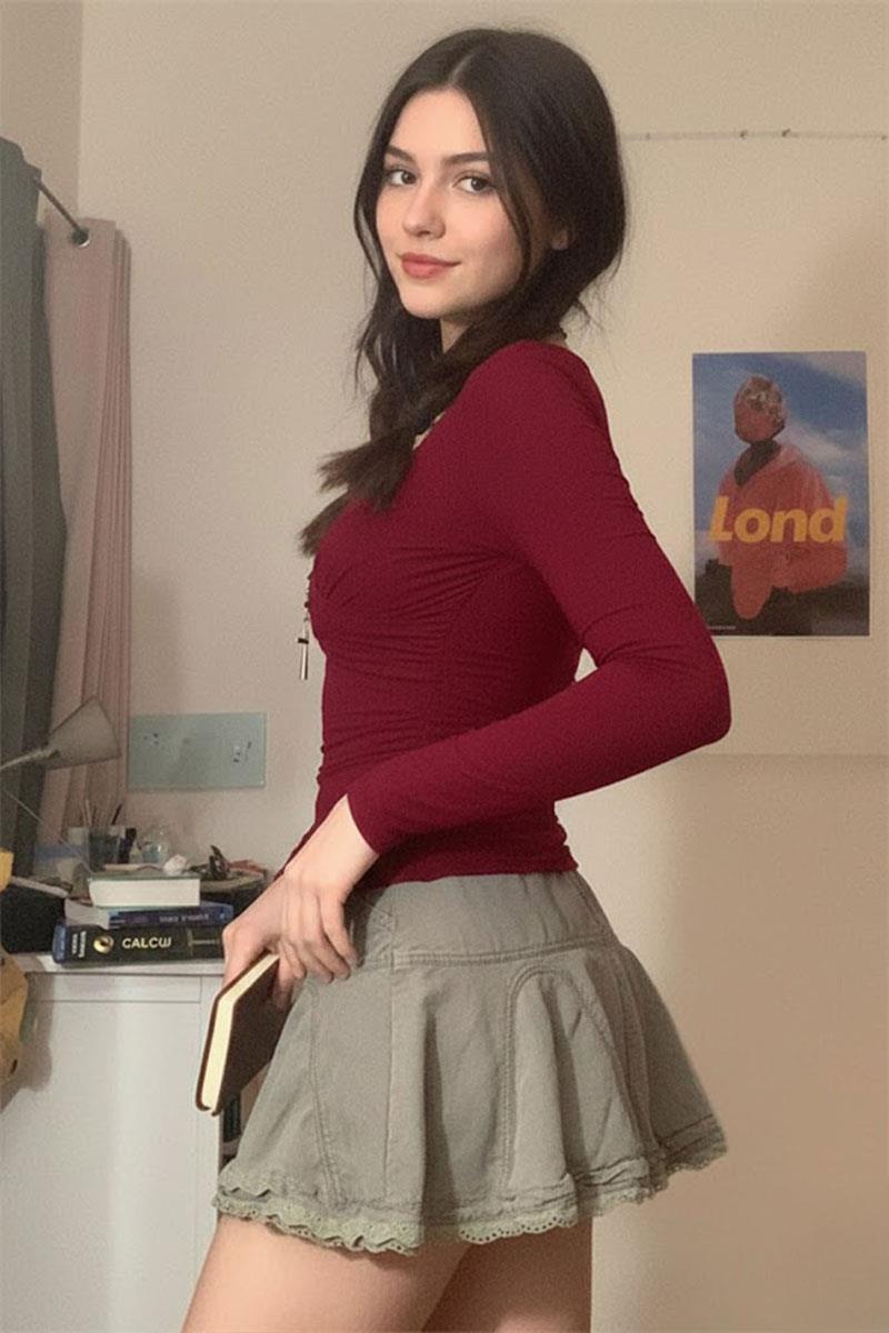 Düz Bordo Kalp Yaka Y2K Uzun Kollu Crop