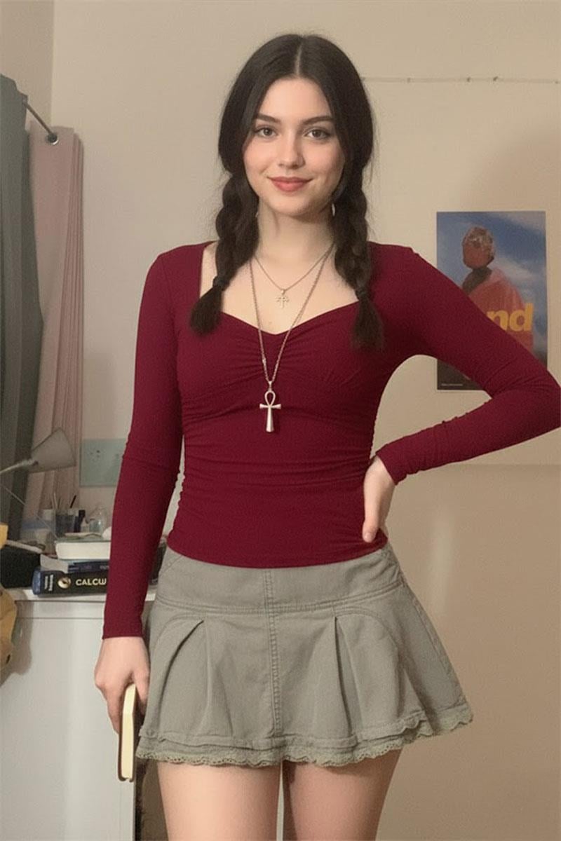 Düz Bordo Kalp Yaka Y2K Uzun Kollu Crop