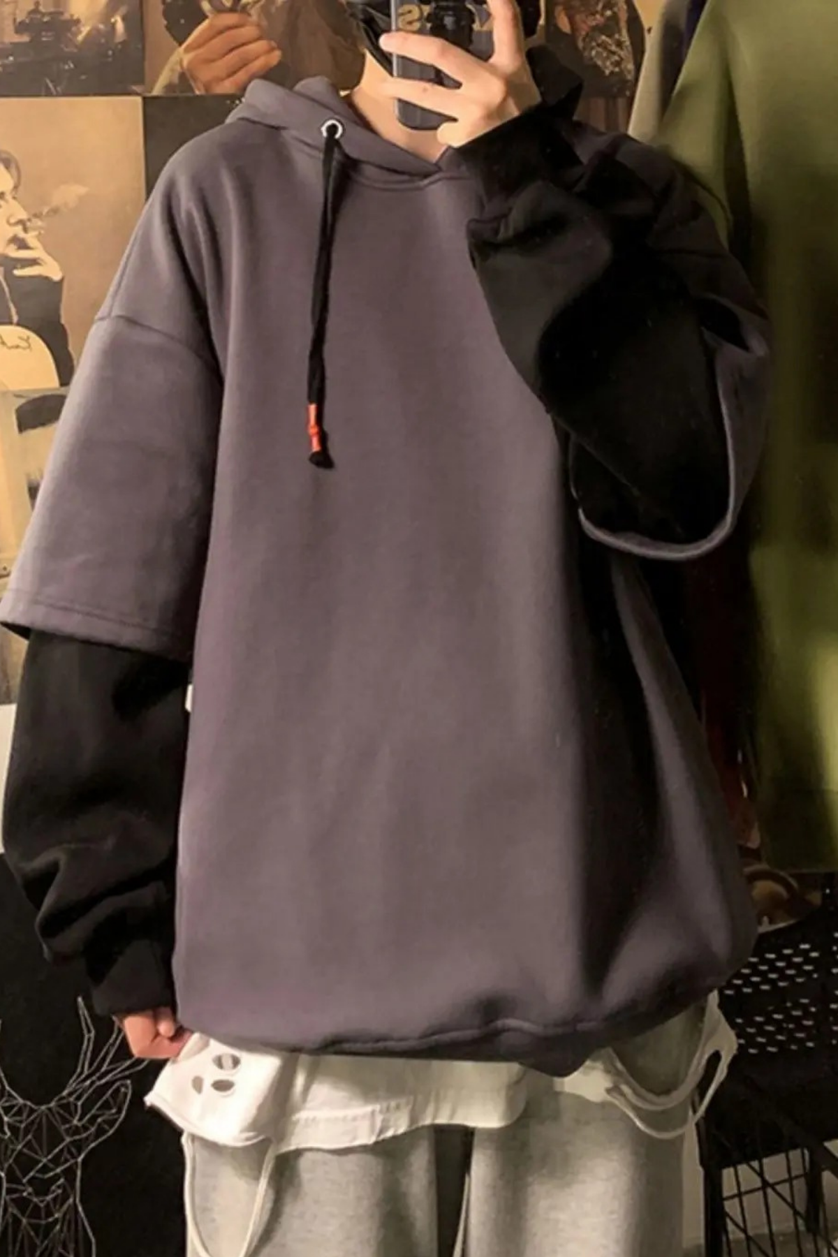 Düz Füme Siyah Fake Sleeve Kapüşonlu Sweatshirt