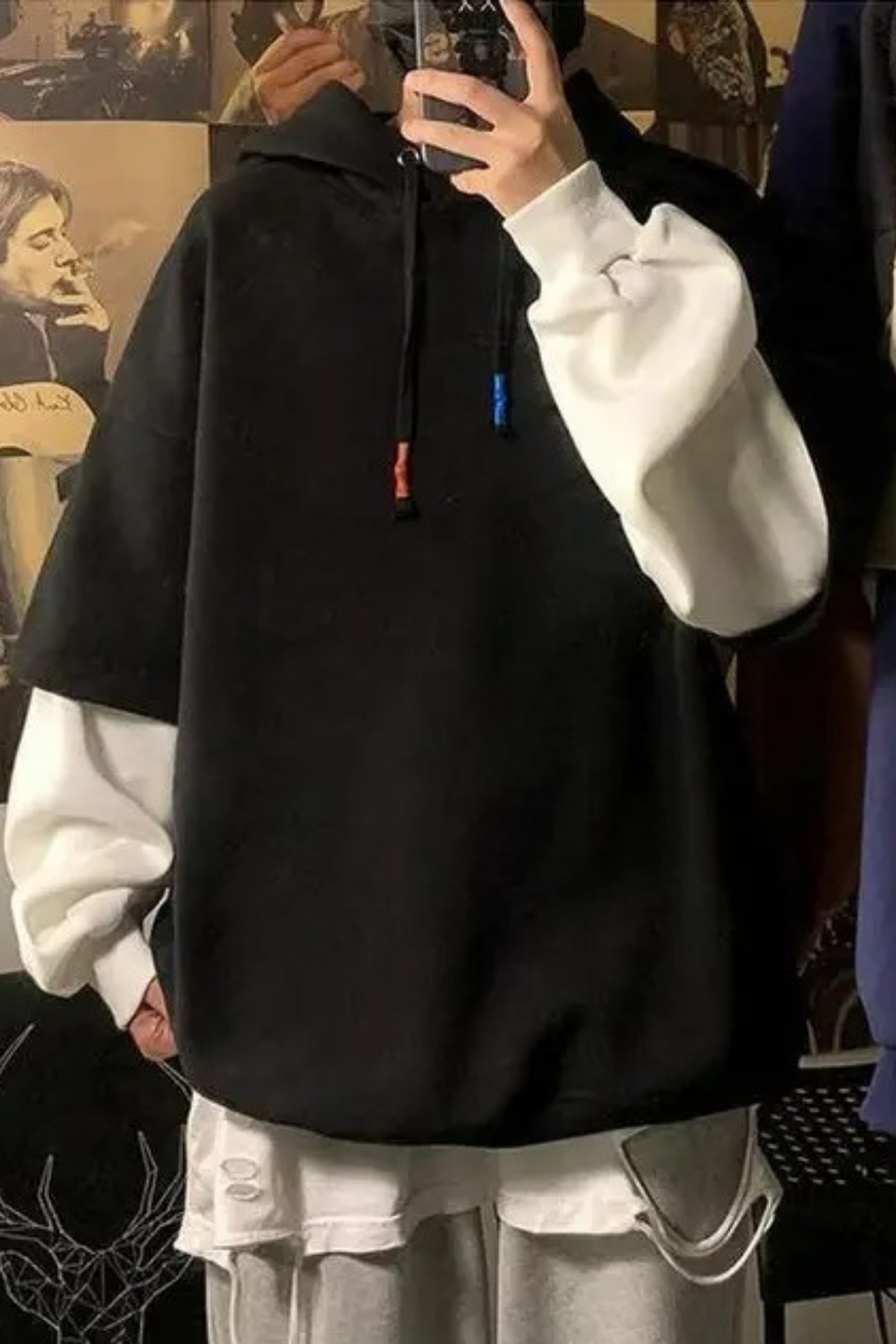 Düz Siyah Beyaz Fake Sleeve Kapüşonlu Sweatshirt