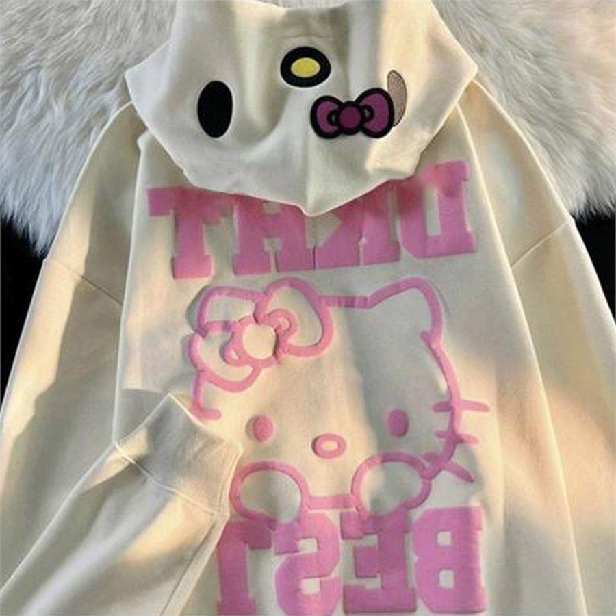 Ekru Hello Kitty DKHT Best Fermuarlı (Unisex) Kapüşonlu Sweatshirt