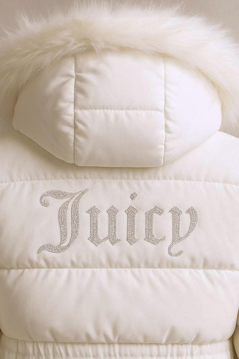 Ekru Juicy Peluş Kapüşonlu Şişme Crop Mont