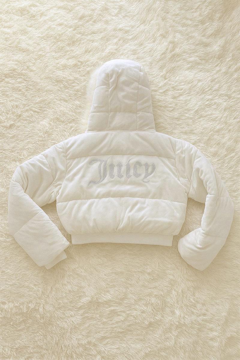 Ekru Juicy Peluş Kapüşonlu Şişme Crop Mont