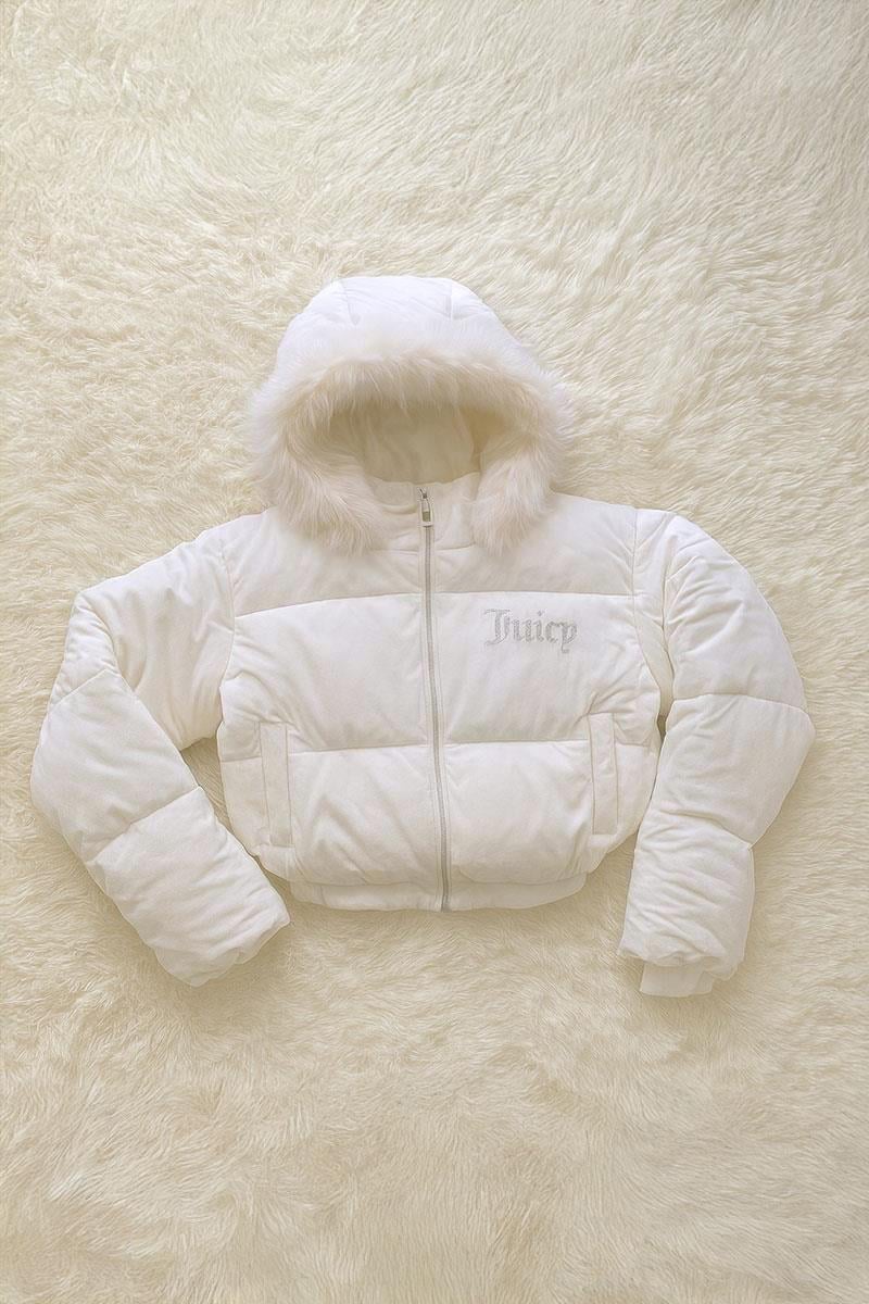 Ekru Juicy Peluş Kapüşonlu Şişme Crop Mont