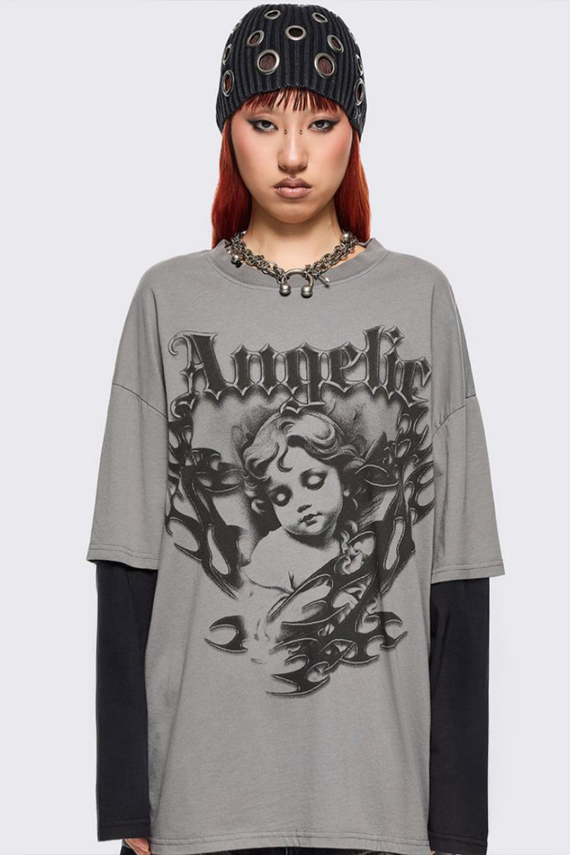 Füme Gotik Angelic Harajuku Siyah Kollu Y2K Uzun Kollu T-Shirt