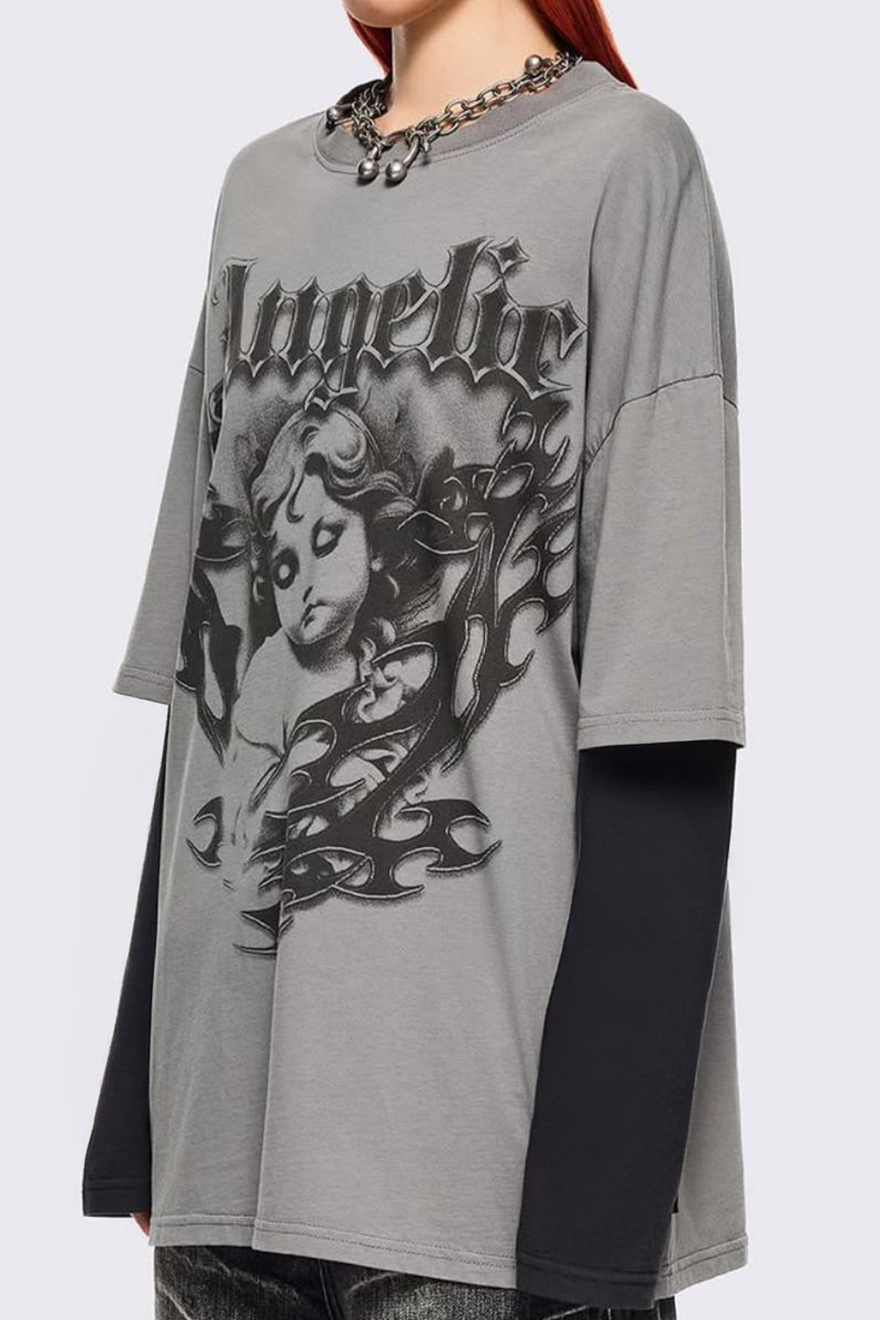 Füme Gotik Angelic Harajuku Siyah Kollu Y2K Uzun Kollu T-Shirt