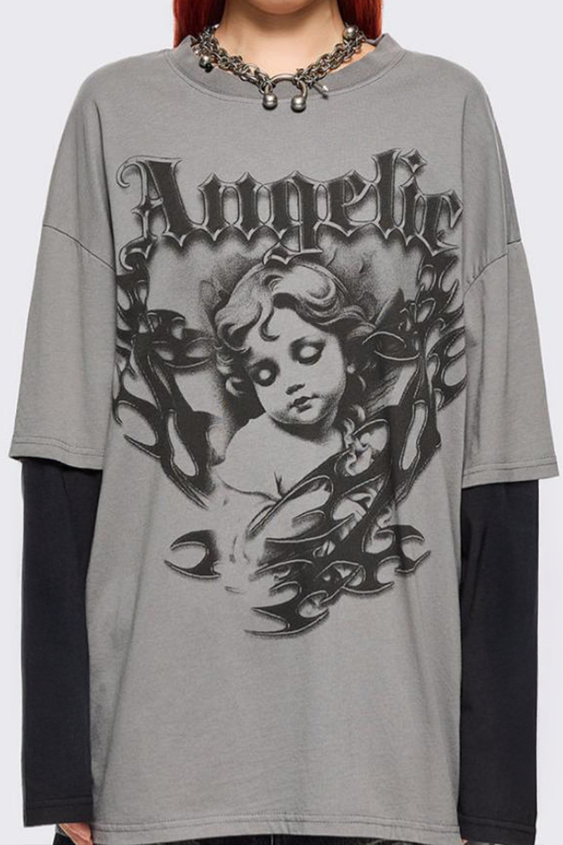 Füme Gotik Angelic Harajuku Siyah Kollu Y2K Uzun Kollu T-Shirt