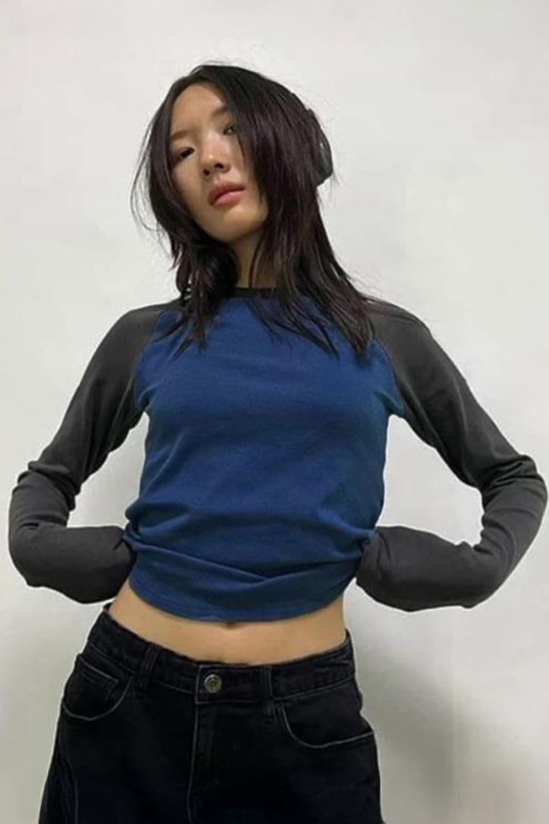 Füme Raglan Kollu Lacivert Basic Uzun Kollu Crop 