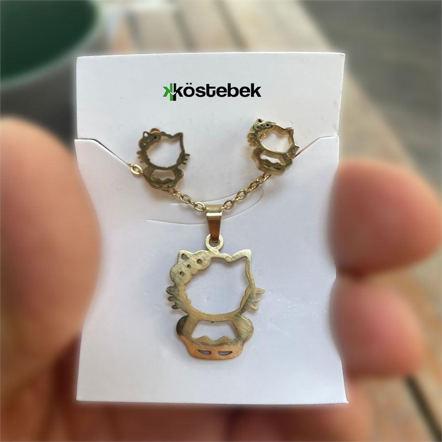 Gold Hello Kitty Toka Detaylı Silüet Kolye Ve Küpe Seti 