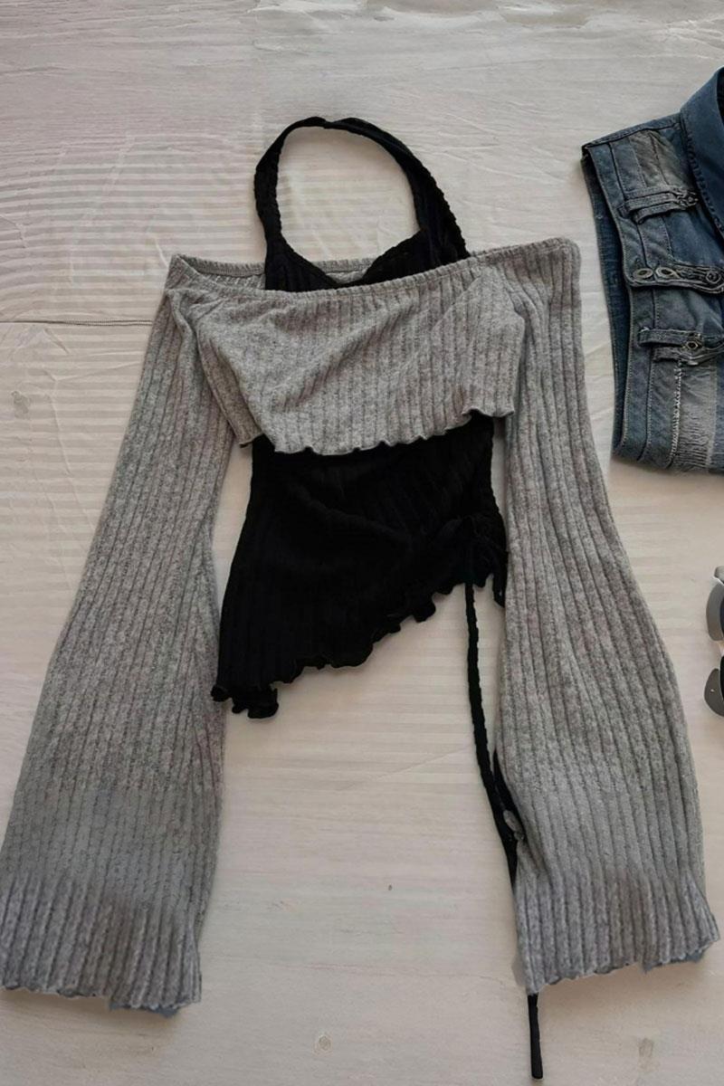 Gri Boyundan Bağlamalı Omuz Açık Uzun Kollu Crop