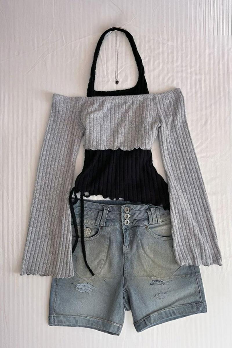 Gri Boyundan Bağlamalı Omuz Açık Uzun Kollu Crop