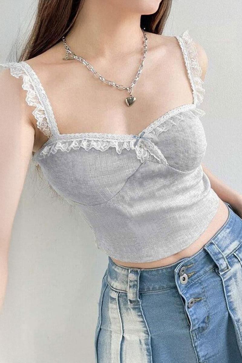 Gri Dantel Yaka Kurdele Detaylı Y2K Askılı Crop